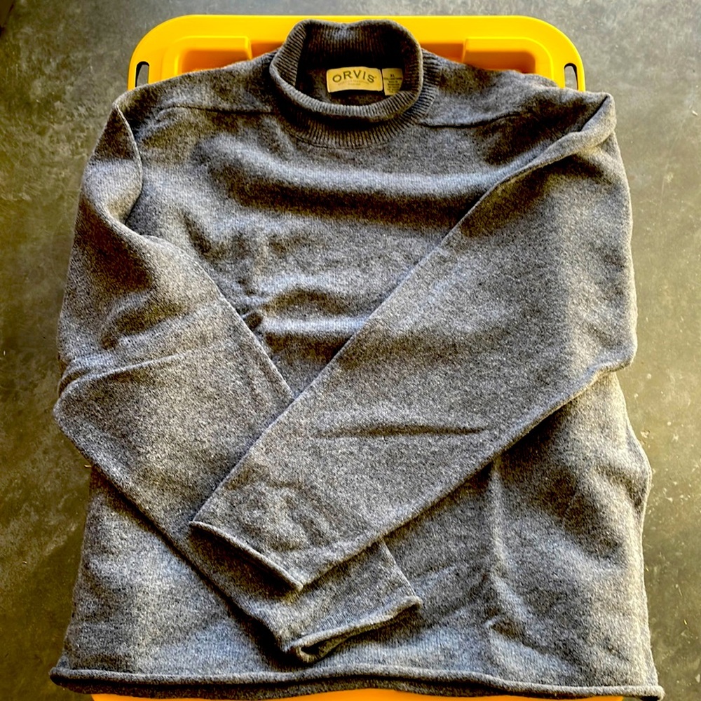 Orvis, 100% lambswool roll neck roll sleeve sweater